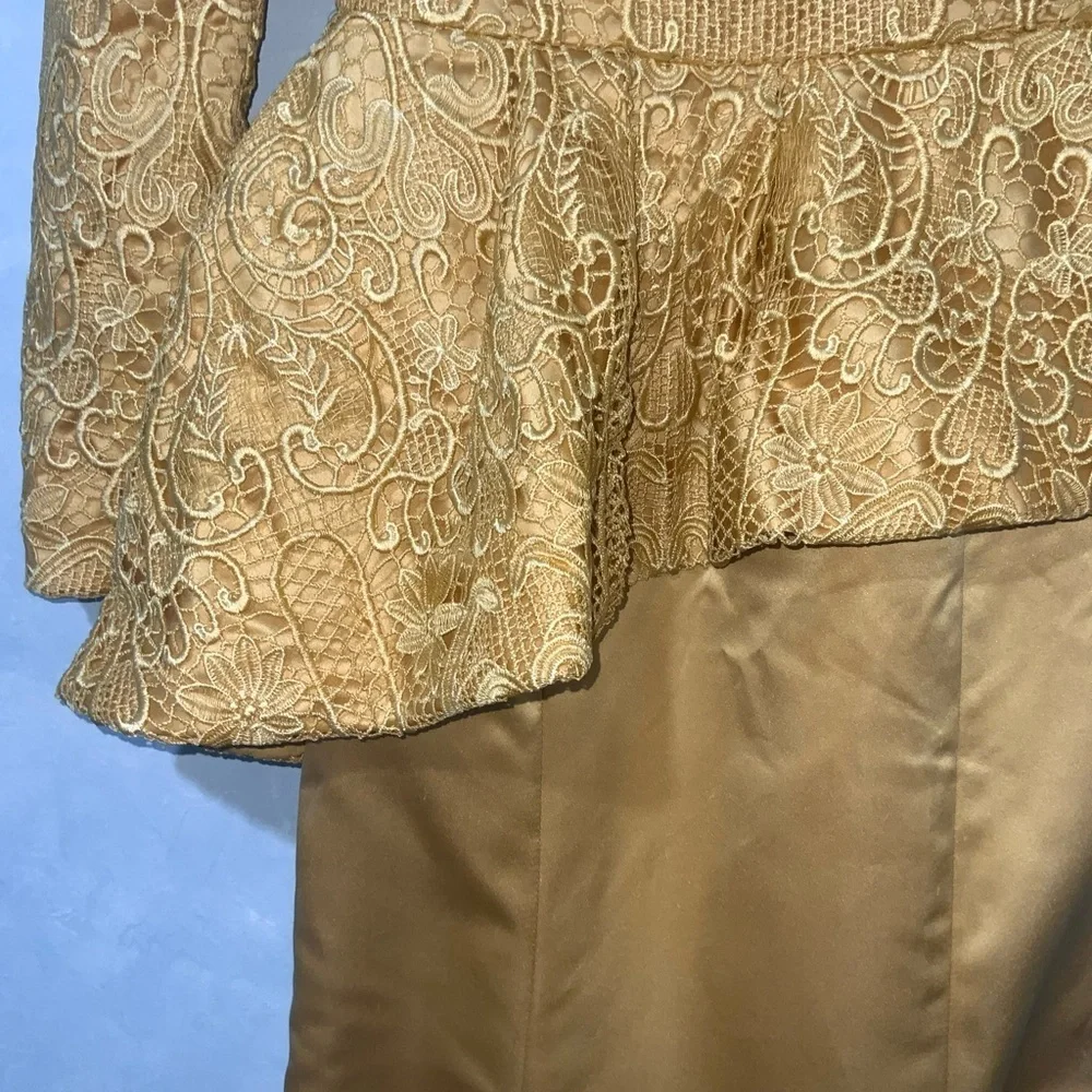 TS Couture Mustard Yellow Lace Long Sleeve Peplum Satin Mermaid Formal Gown NWT